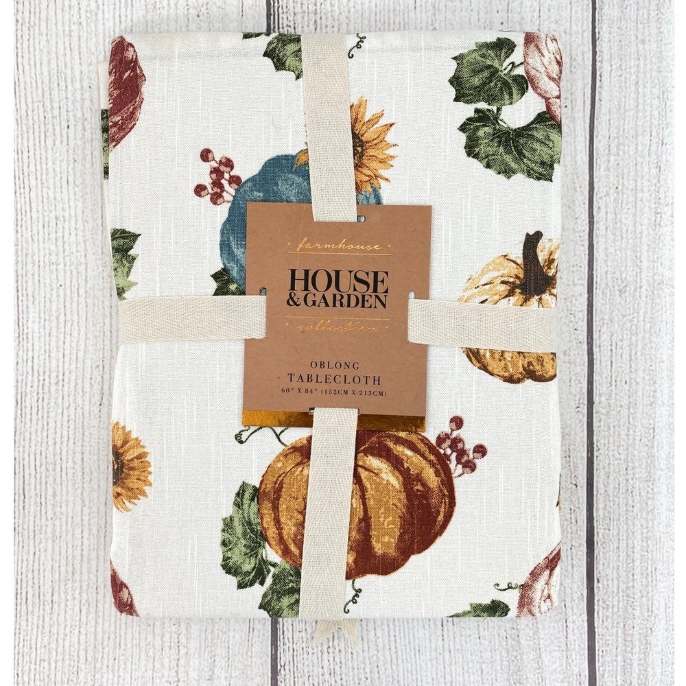 House & Garden Tablecloth 60x84 White Fall Pumpkin Sunflower Cotton Thanksgiving